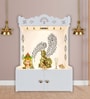 White Finish Art of Mor Pankh Floor Temple with Spacious Wooden Shelf & Inbuilt Focus Light