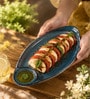 Blue Ceramic Sizzler Platter With Dip Section