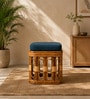 Premium Handcrafted Rattan Stool With Blue Velvet Fabric 