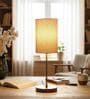 Premium Jute Cylinder Fabric Shade Table Lamp, Brown Wooden Base Bedside & Desk Light for Bedroom, Living Room & Home Decor