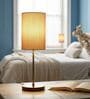 Premium Jute Cylinder Fabric Shade Table Lamp, Brown Wooden Base Bedside & Desk Light for Bedroom, Living Room & Home Decor