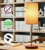 Premium Jute Cylinder Fabric Shade Table Lamp, Brown Wooden Base Bedside & Desk Light for Bedroom, Living Room & Home Decor