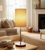 Premium Jute Cylinder Fabric Shade Table Lamp, Brown Wooden Base Bedside & Desk Light for Bedroom, Living Room & Home Decor