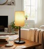 Premium Jute Cylinder Fabric Shade Table Lamp, Minimalist Bedside Lamp with Metal Base for Bedroom, Living Room & Study
