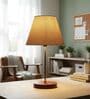 Premium Jute Fabric Shade Table Lamp, Brown Wooden Base Bedside & Desk Light for Bedroom, Living Room & Home Decor