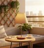 Premium Jute Fabric Shade Table Lamp, Brown Wooden Base Bedside & Desk Light for Bedroom, Living Room & Home Decor