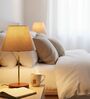Premium Jute Fabric Shade Table Lamp, Brown Wooden Base Bedside & Desk Light for Bedroom, Living Room & Home Decor
