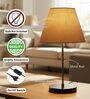 Premium Jute Fabric Shade with Modern Silver & Black Table Lamp for Bedroom & Living Room