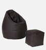 Premium XL Leatherette Bean Bag with Beans in Brown Colour with Pouffe