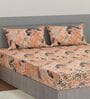 Orange Floral 144 TC Cotton Fitted King Sized Bedsheet With 2 Pillow Covers