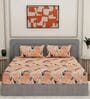 Orange Floral 144 TC Cotton Fitted King Sized Bedsheet With 2 Pillow Covers