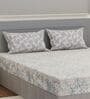Grey Floral 144 TC Cotton Fitted King Sized Bedsheet With 2 Pillow Covers