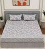 Grey Floral 144 TC Cotton Fitted King Sized Bedsheet With 2 Pillow Covers
