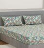 Blue Vertical Floral 144 TC Cotton Fitted King Sized Bedsheet With 2 Pillow Covers