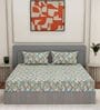 Blue Vertical Floral 144 TC Cotton Fitted King Sized Bedsheet With 2 Pillow Covers