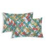 Blue Vertical Floral 144 TC Cotton Fitted King Sized Bedsheet With 2 Pillow Covers