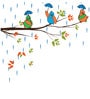 Wall Stickers Beautiful Birds With Umbrella In Rain On Tree Branches