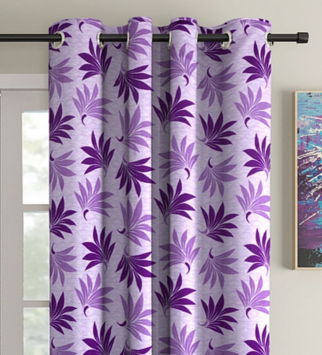 Buy Purple Floral Polyester 5Ft Semisheer Eyelet Window Curtains (Set