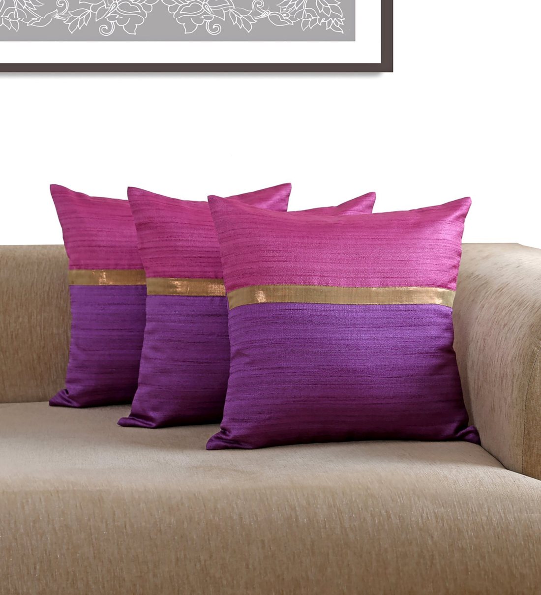 Buy Set of 3 Geometric Pattern Polyester Purple Cushion Covers 16 x 16