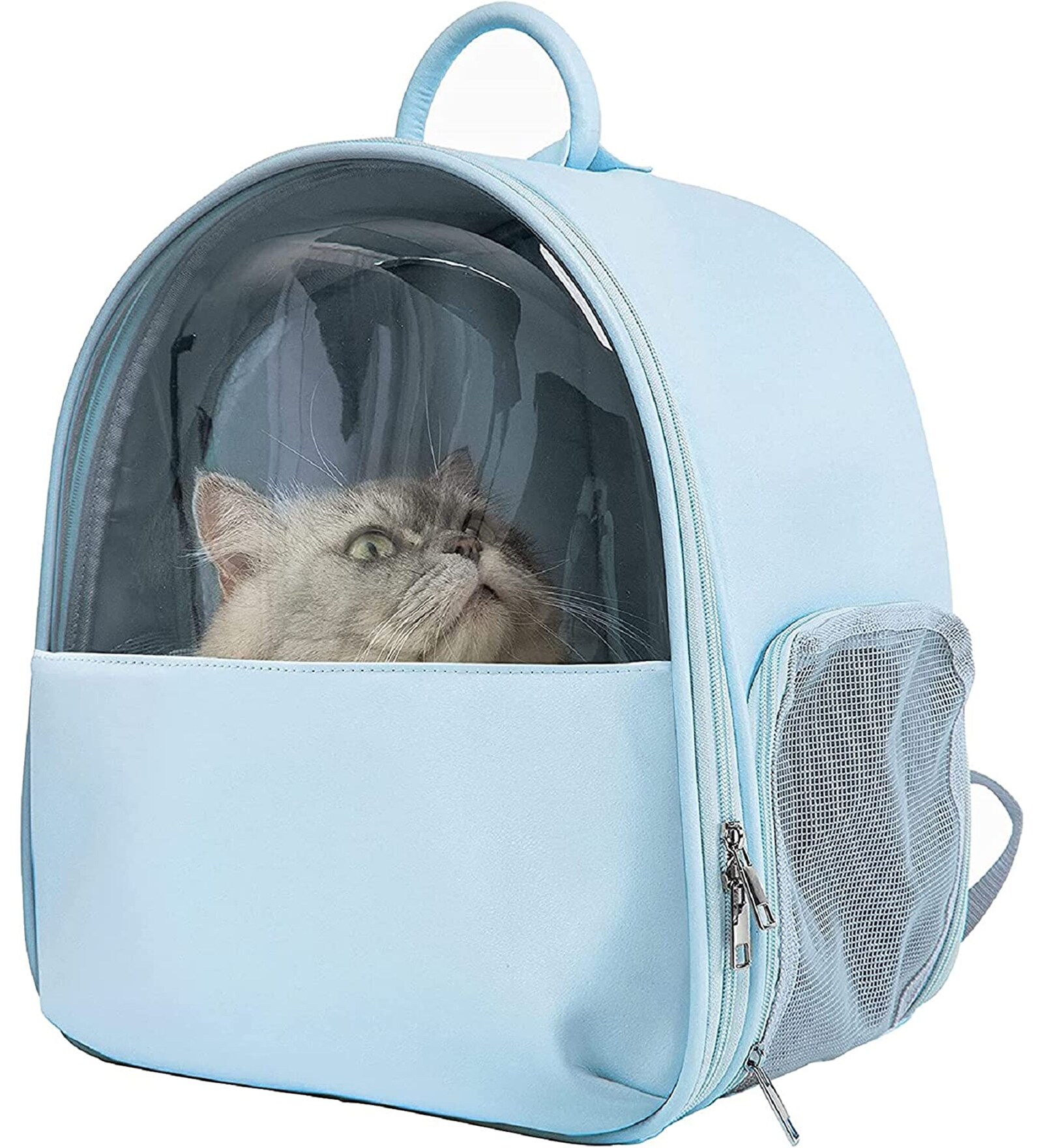 See Through Light Blue Leatherette Travel Pet Carrier Backpack