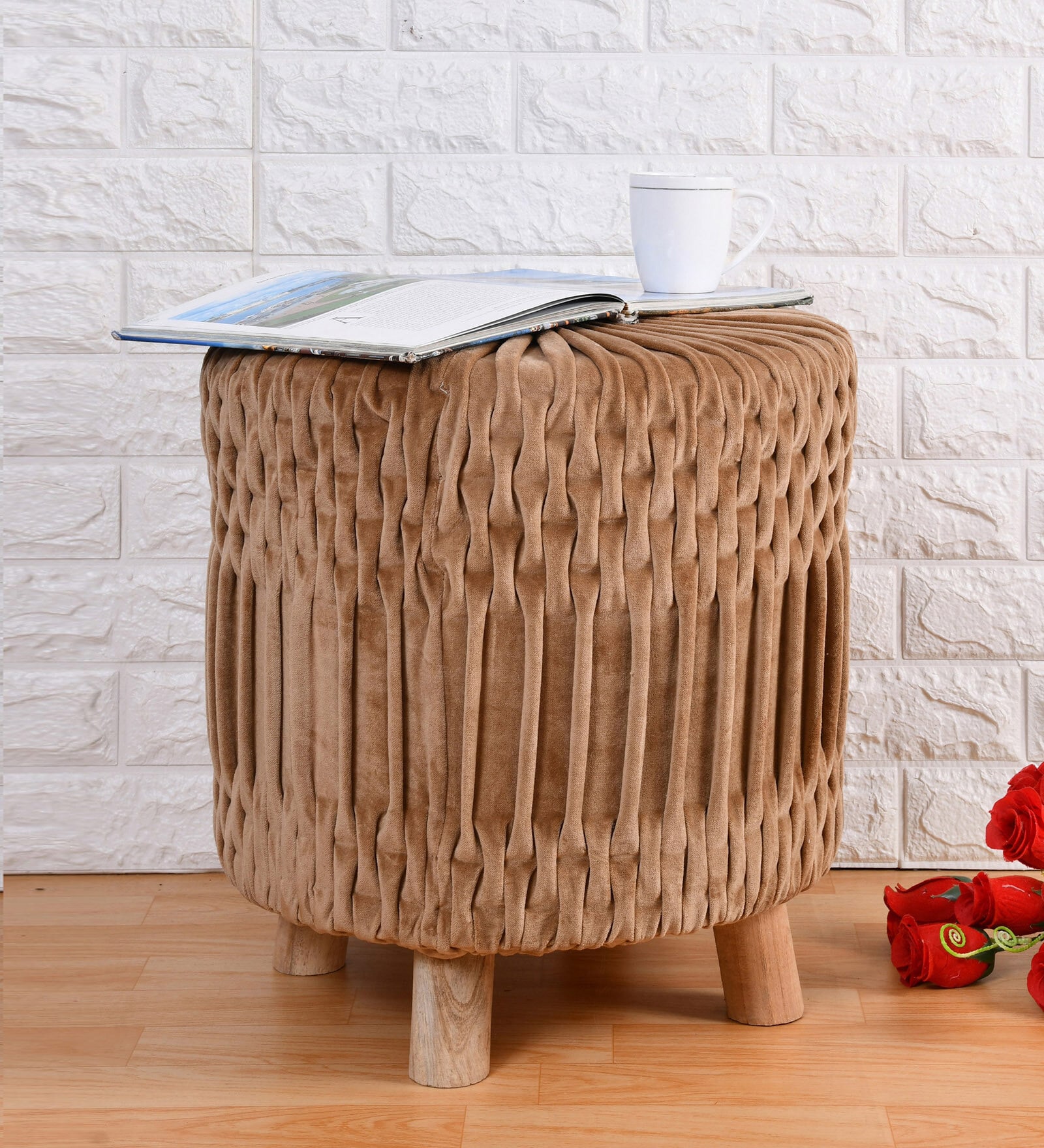 Puffy Fabric Seating Stool in Brown Colour
