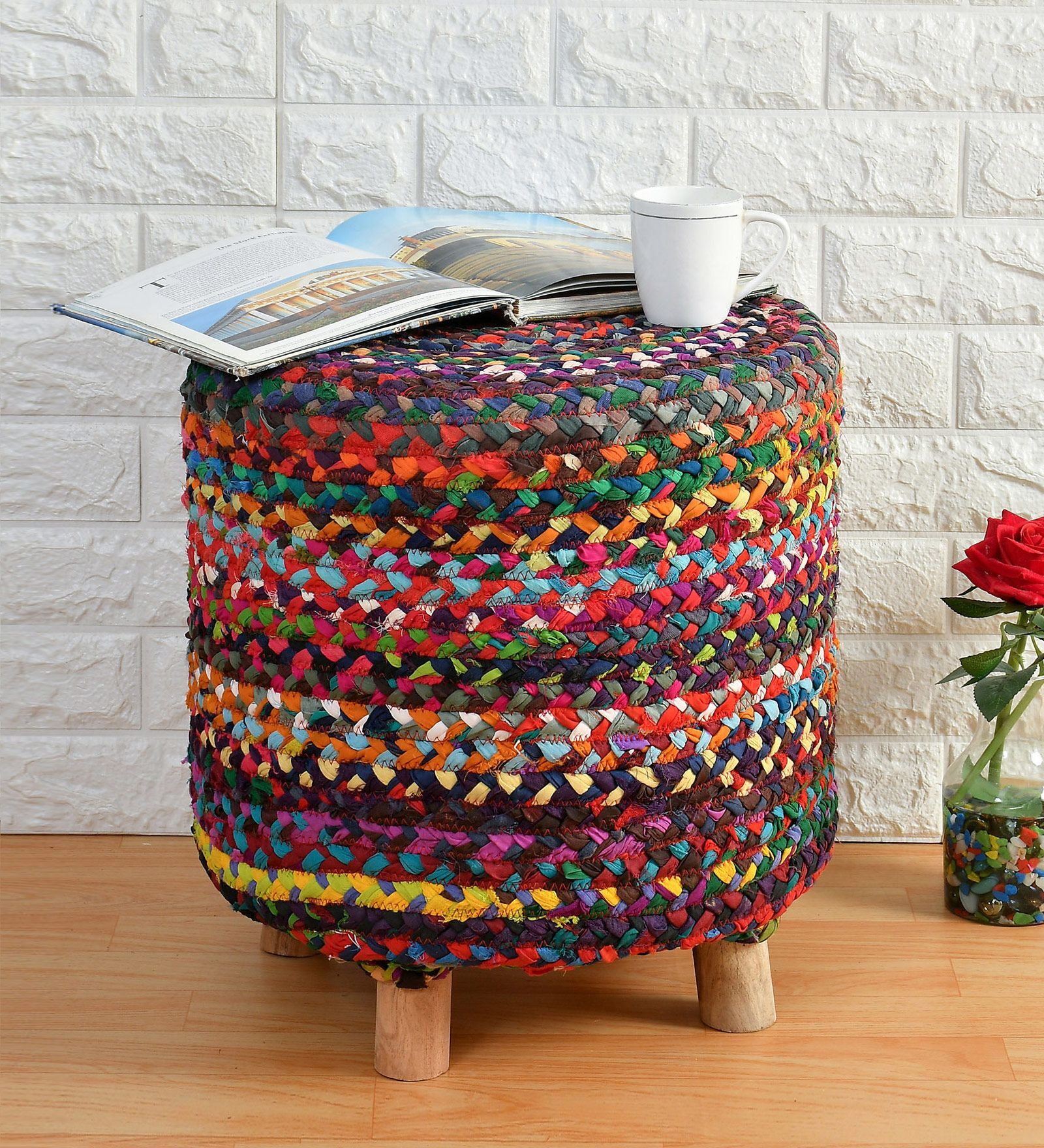 Puffy Fabric Seating Stool in Pink Multi Colour