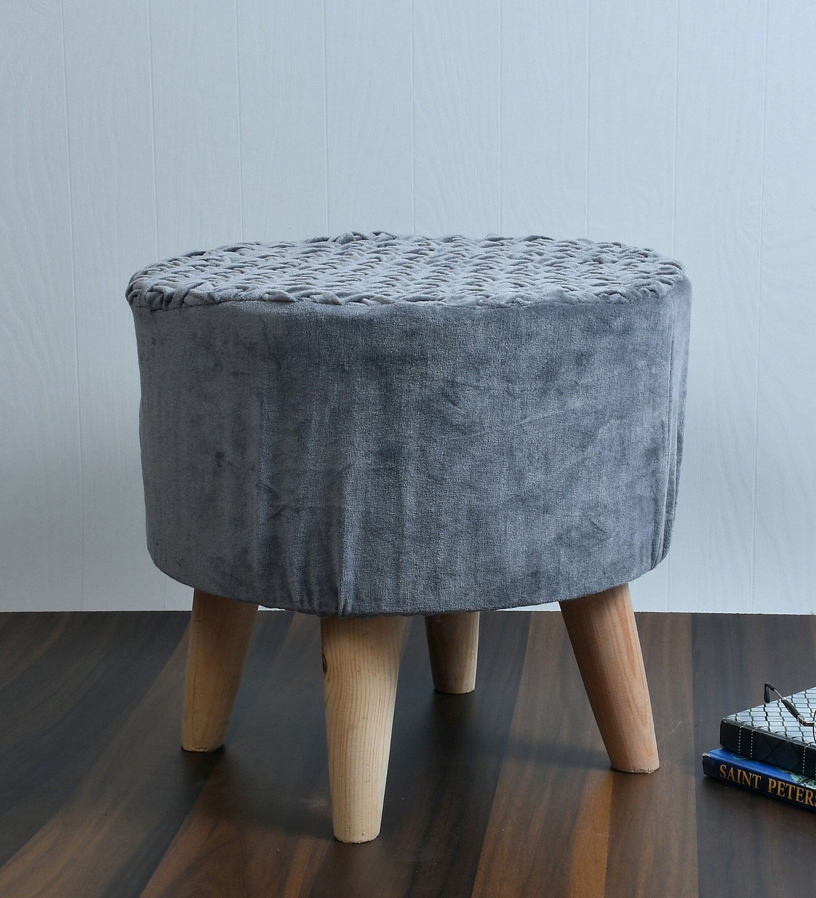 Puffy Fabric Seating Stool in Solid Grey Colour