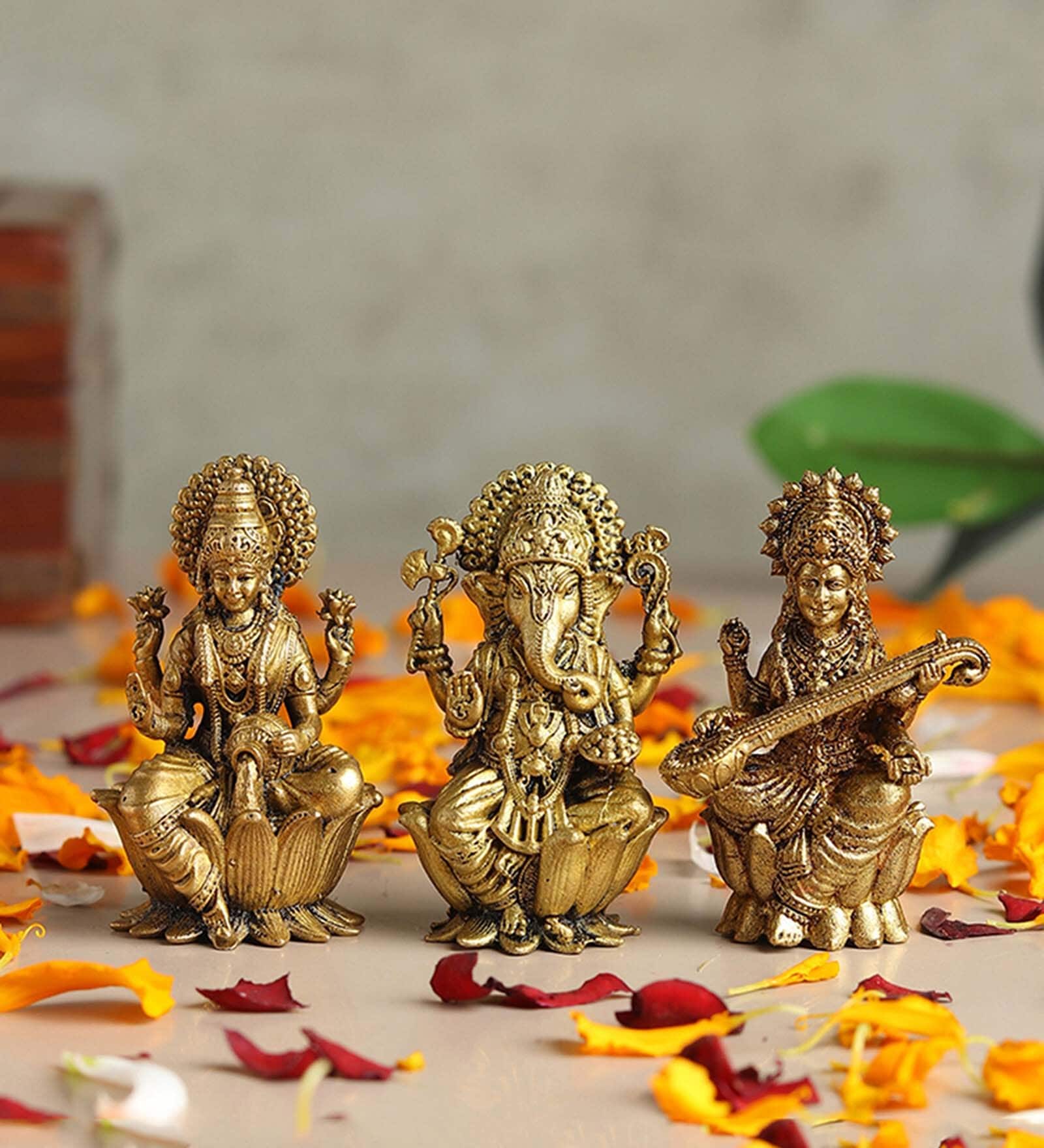 Golden Pure Brass Laxmi Ganesh Saraswati Idol Set