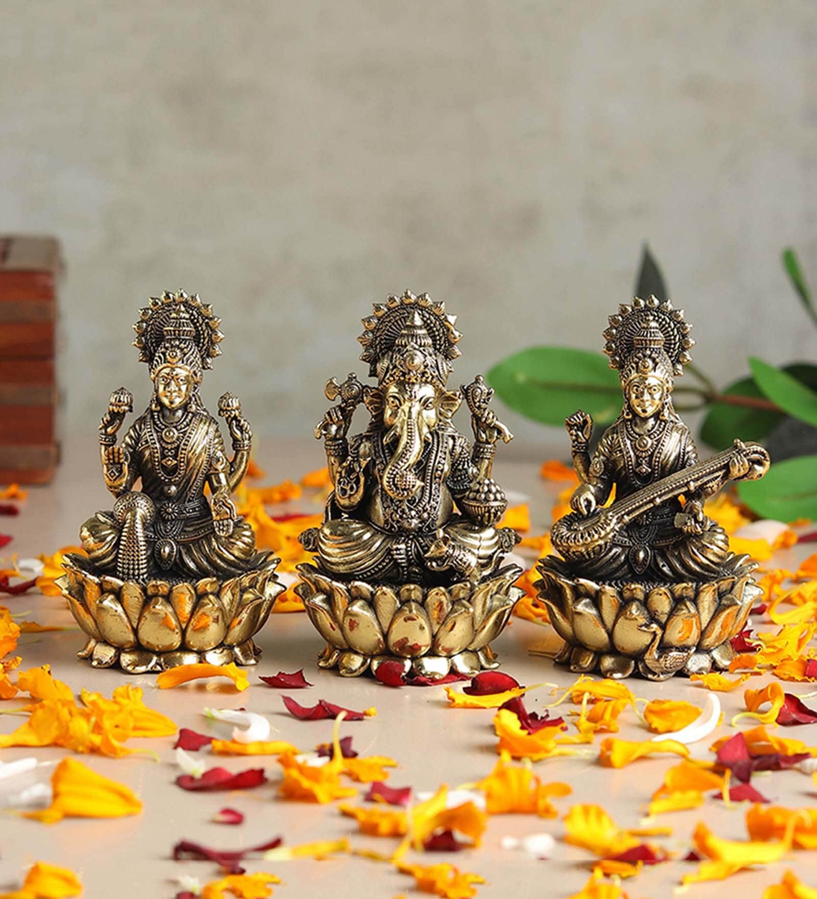 Golden Pure Brass Laxmi Ganesh Saraswati Idols