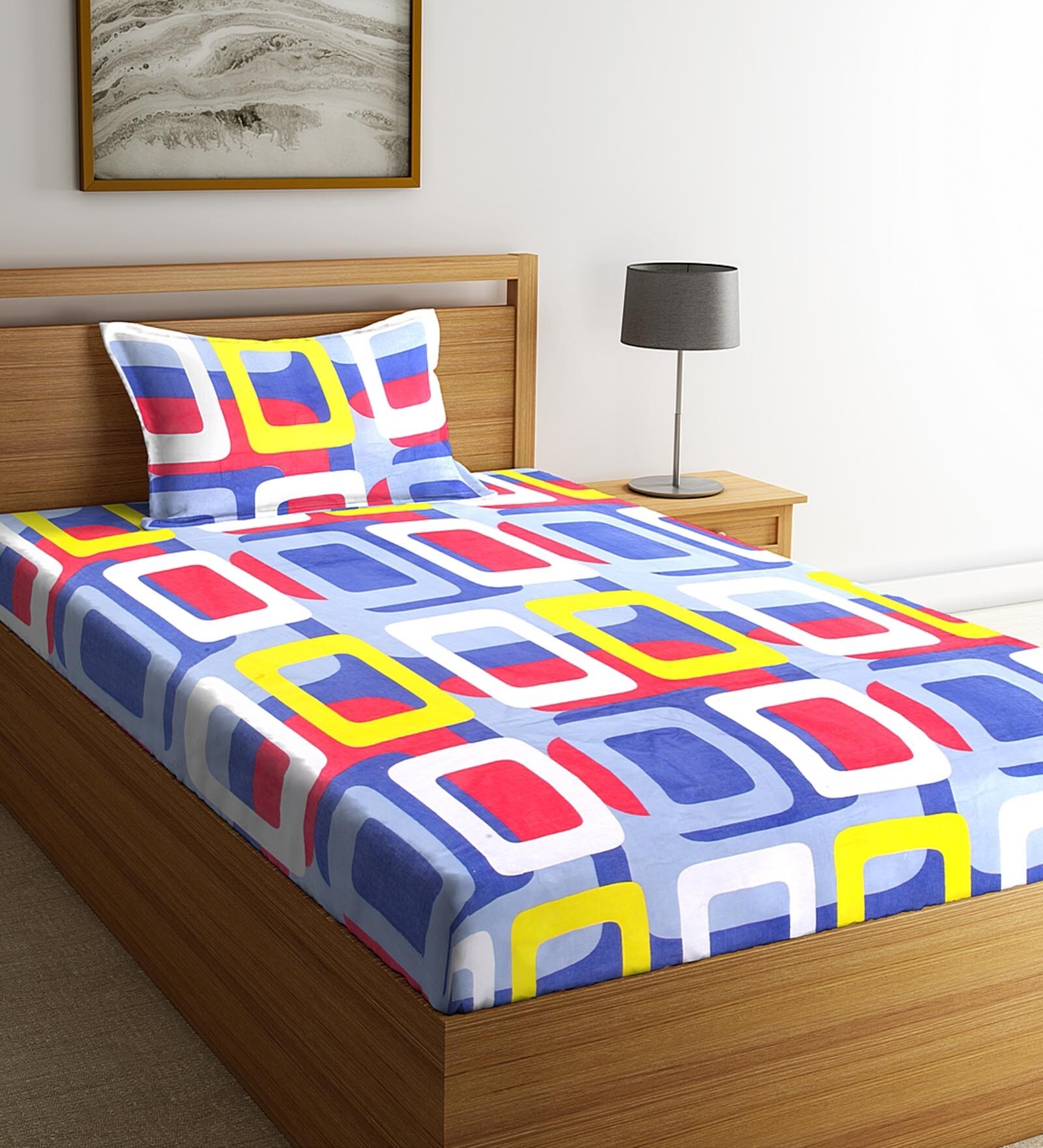 Blue Geometric 180 TC Cotton Blend Single Bed Sized Bed Sheets With 1 Pillow Cover