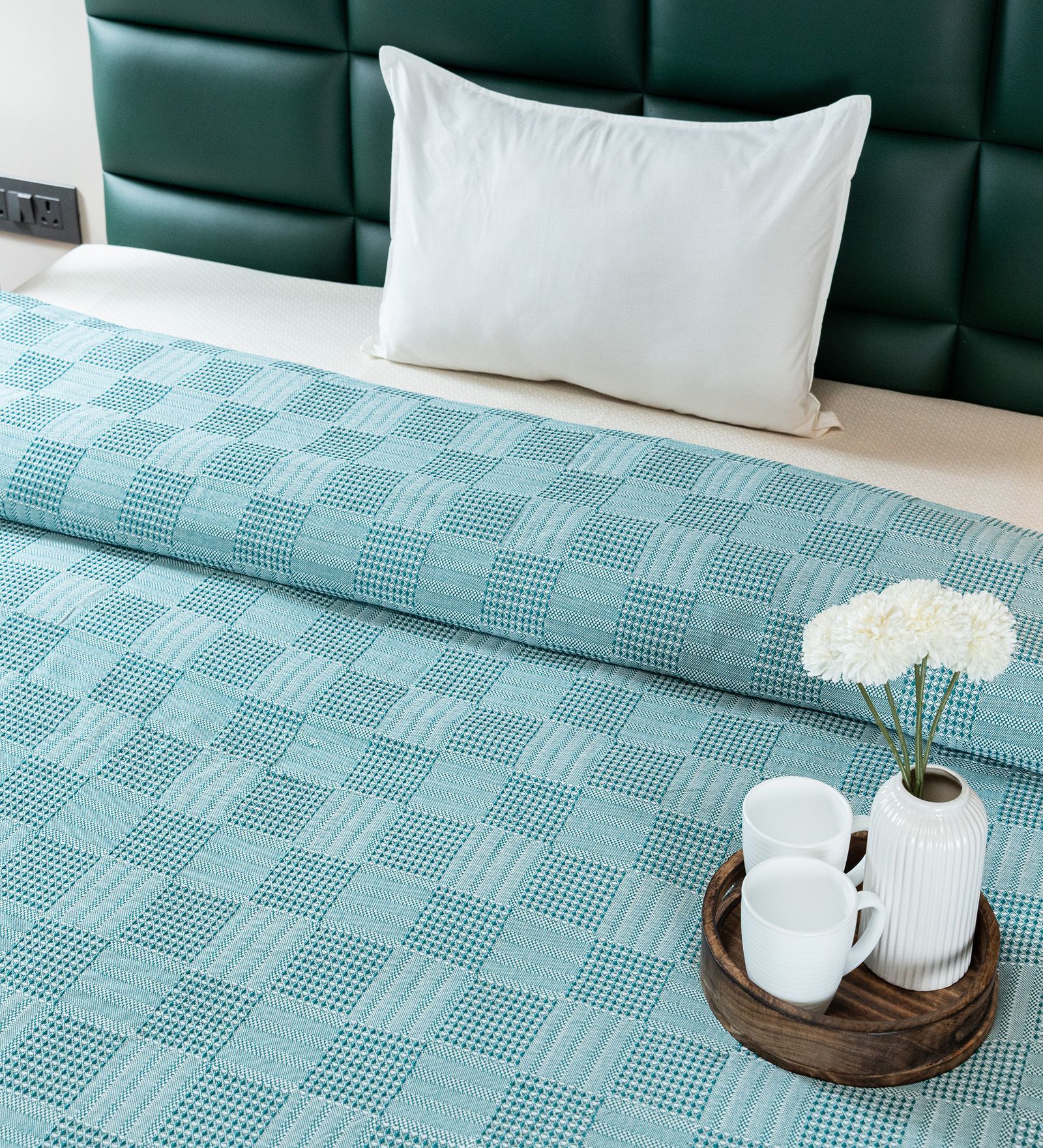 Green Bedspread Huck Lace Pattern Single Bedspread With 1 Pillow Cover