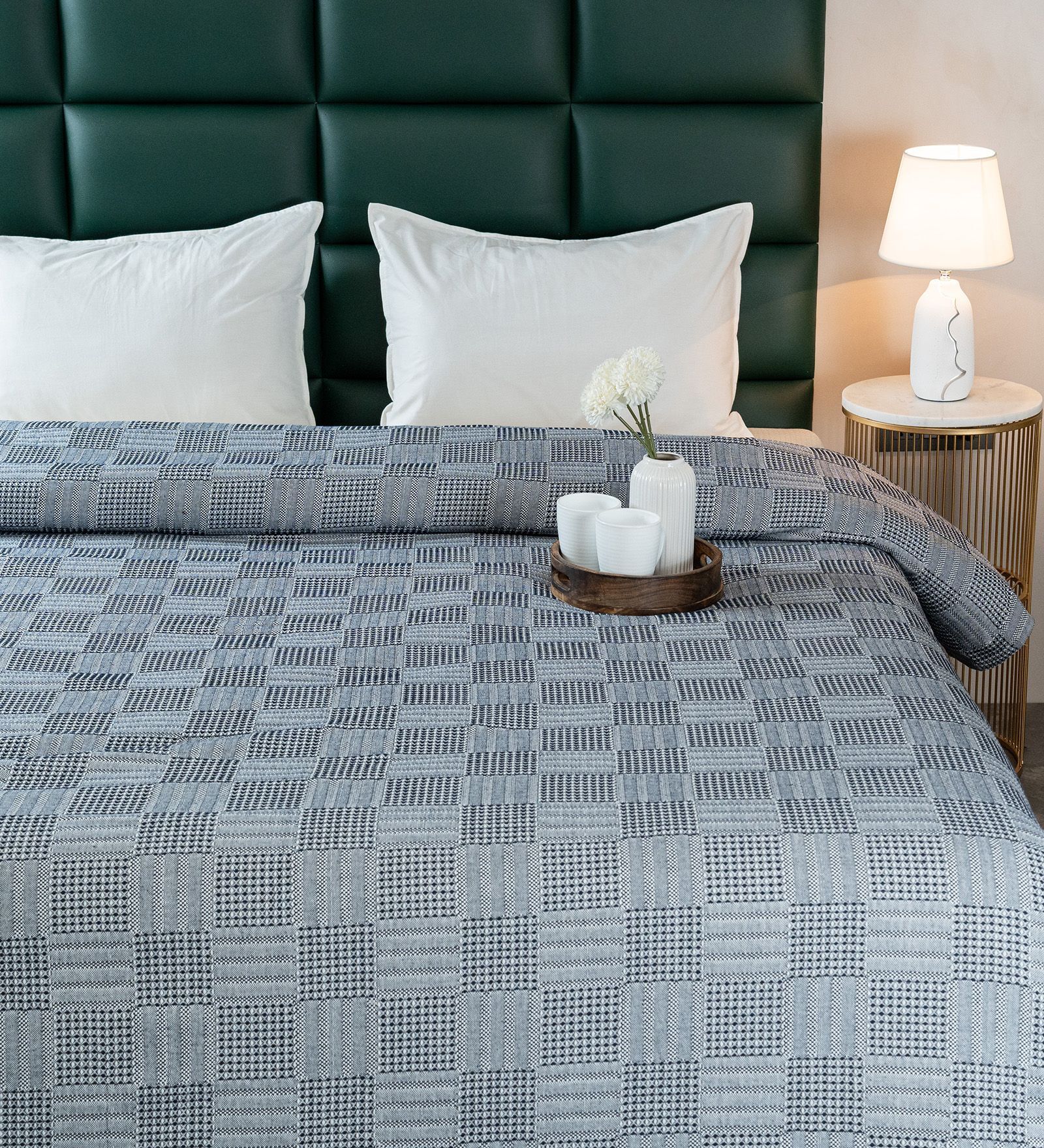 Blue Bedspread Huck Lace Pattern Queen sized Bedspread With 2 Pillow Covers