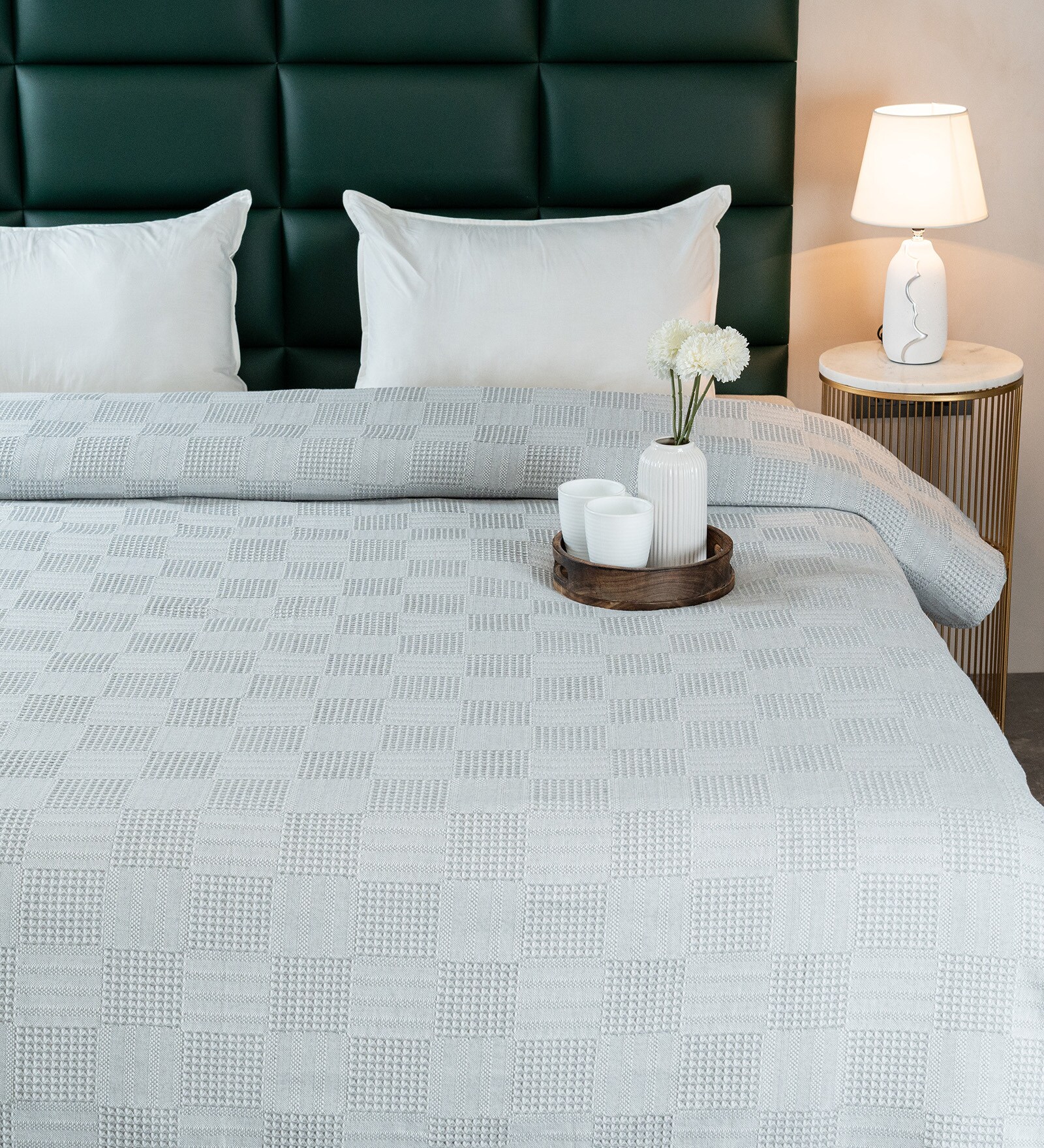 Grey Bedspread Huck Lace Pattern Queen sized Bedspread With 2 Pillow Covers