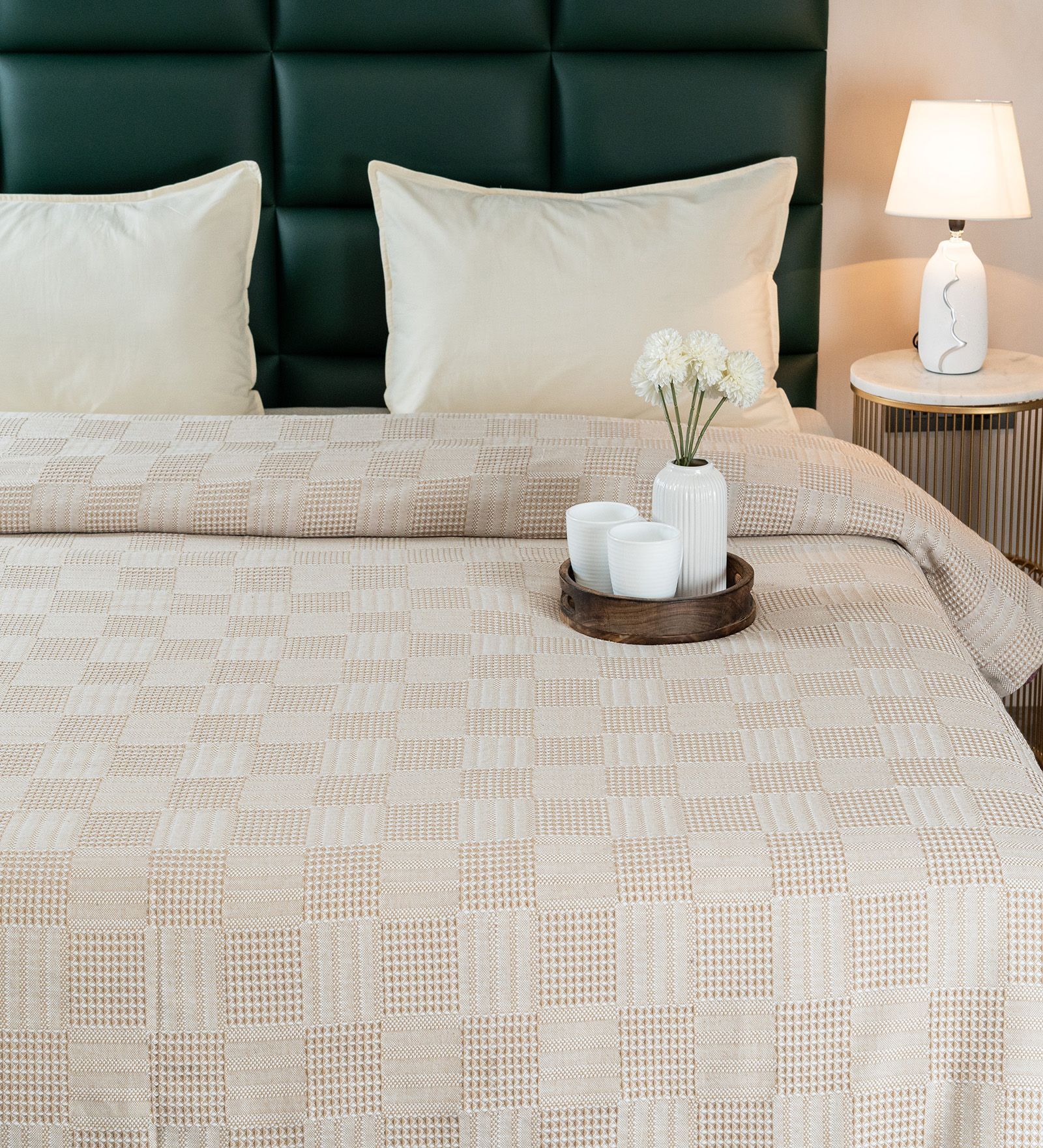 Beige Bedspread Huck Lace Pattern Queen sized Bedspread With 2 Pillow Covers