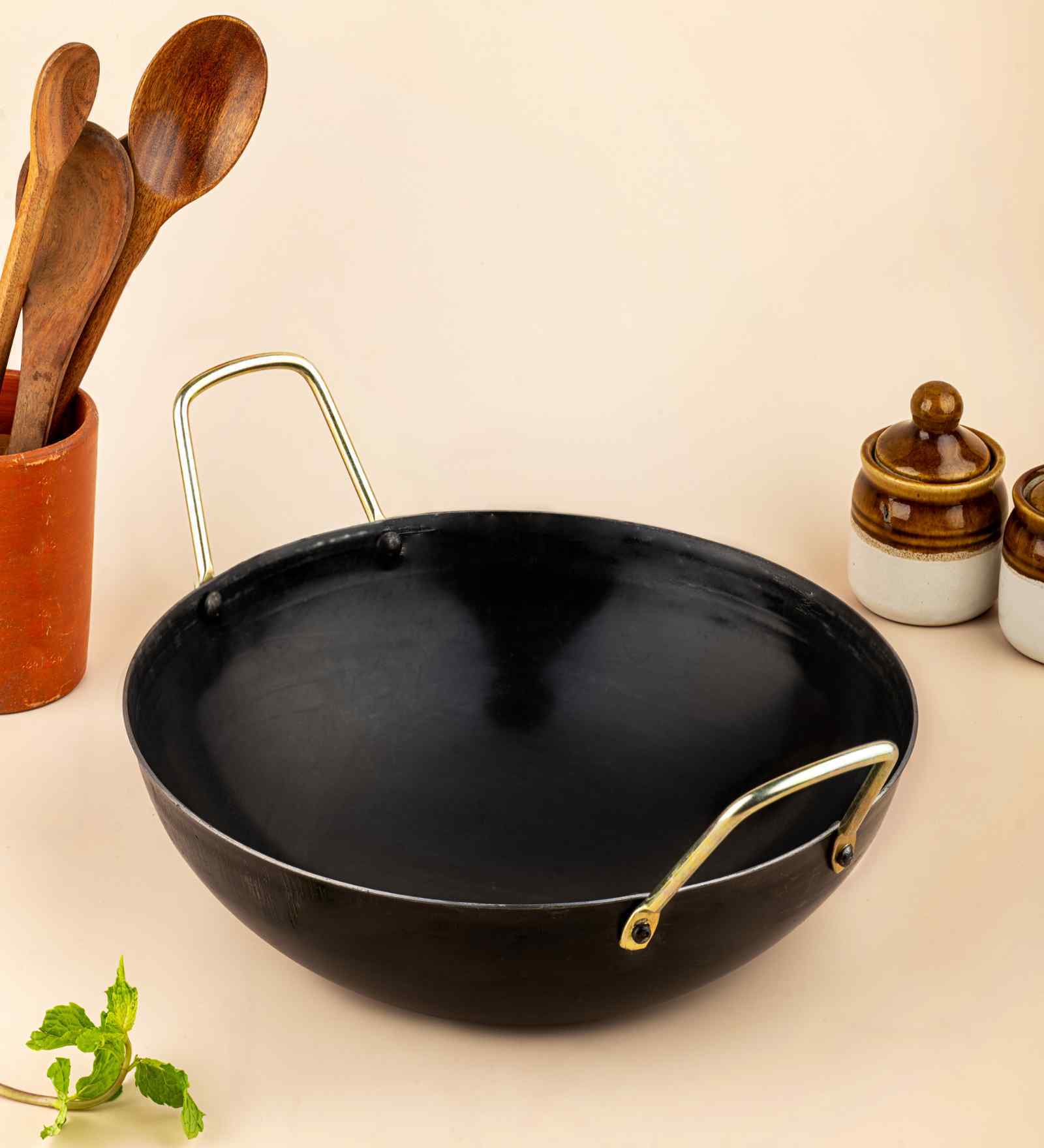 Pure Iron Flat Bottom Kadai 10 Inch Heavy Gauge Iron Cookware