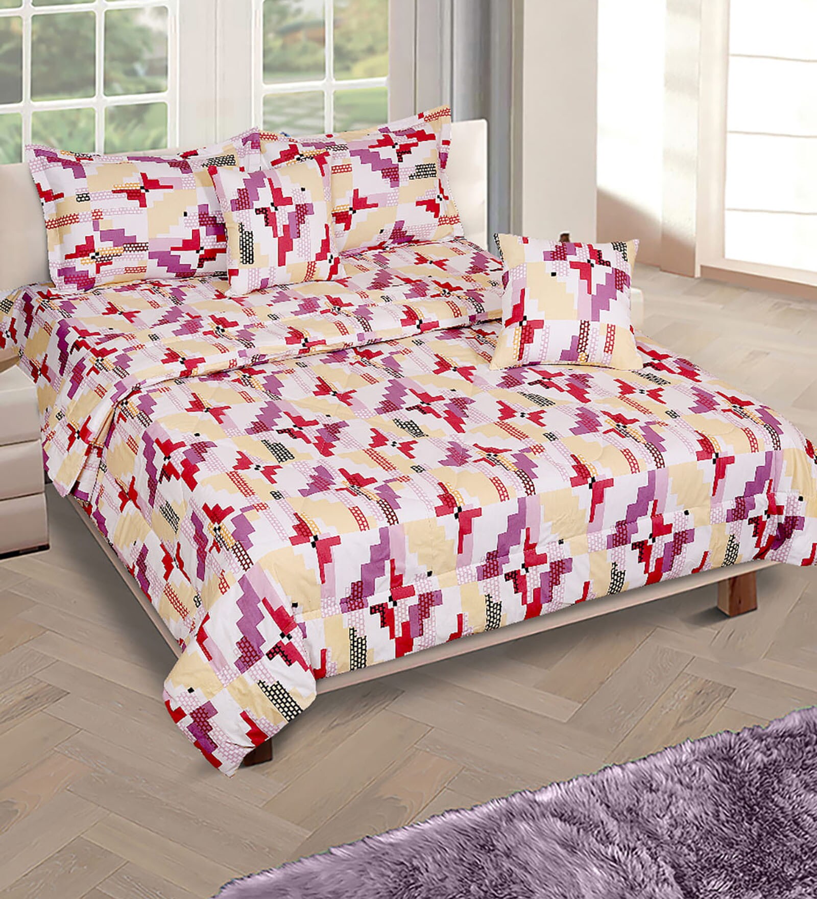 Purple & Beige Geometric 210 TC Cotton 6 Pieces Bedding Set Collection