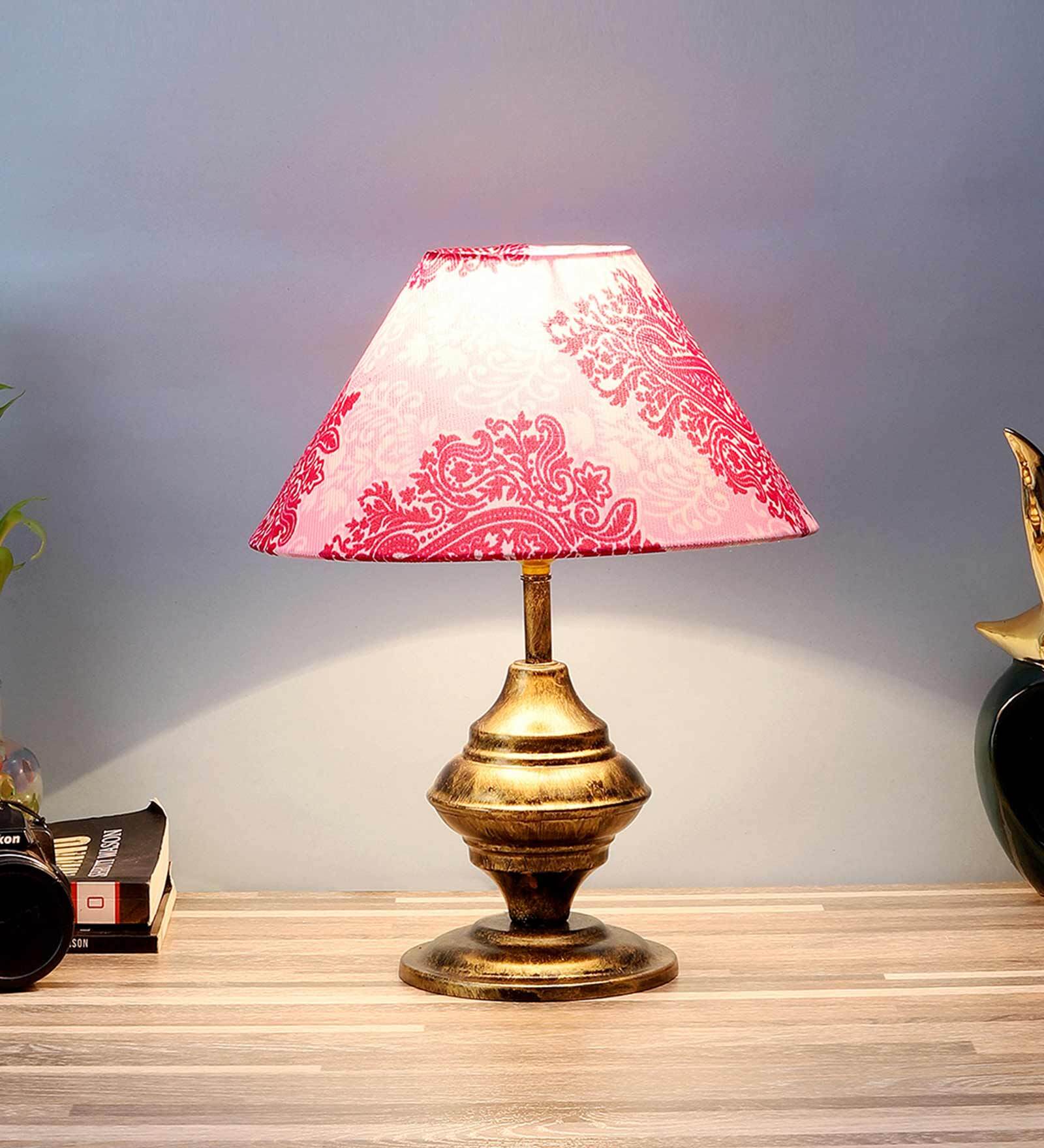 Purple & White Fabric Shade Table Lamp With Antique Base