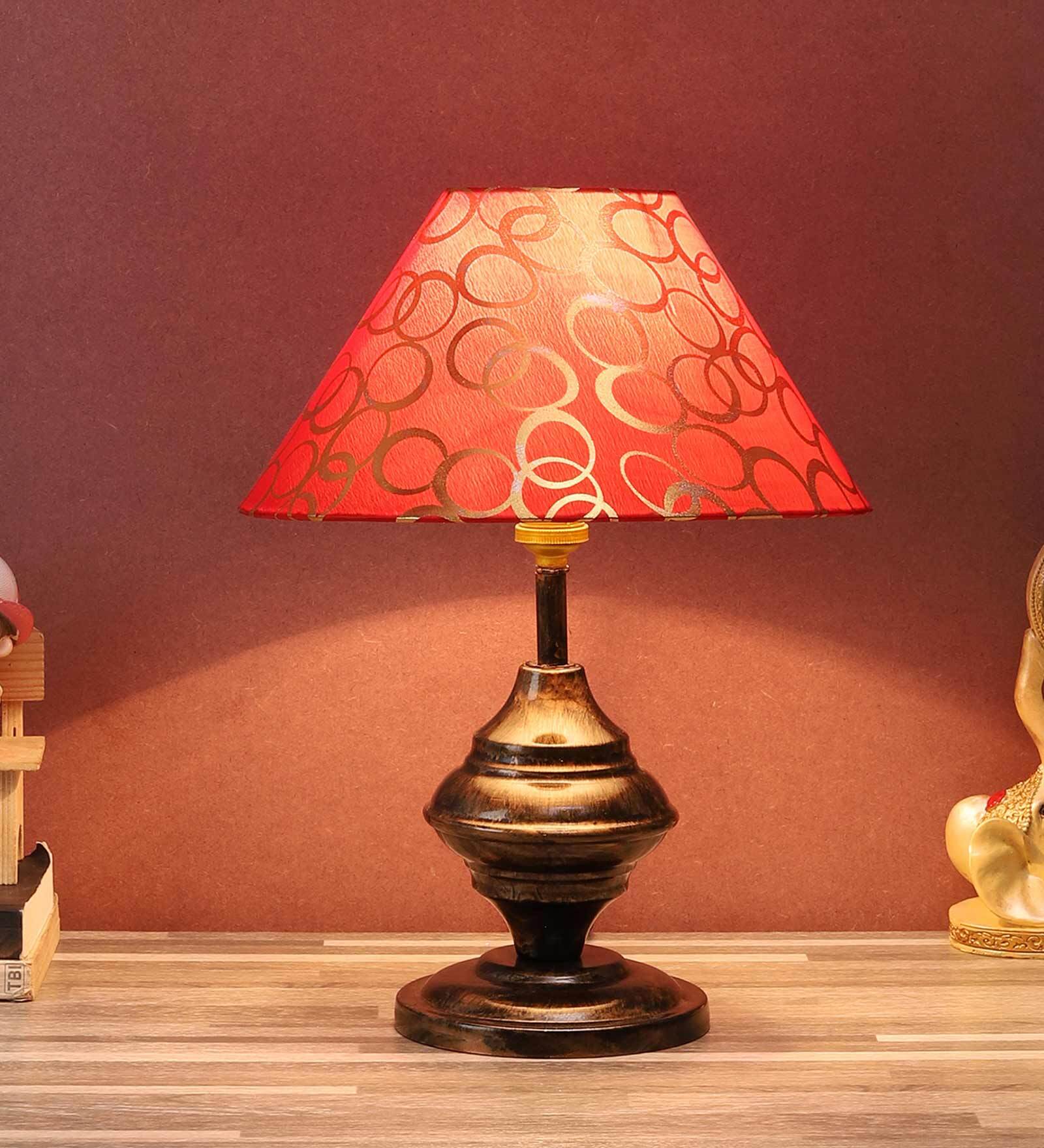 Purple & White Fabric Shade Table Lamp With Copper Base
