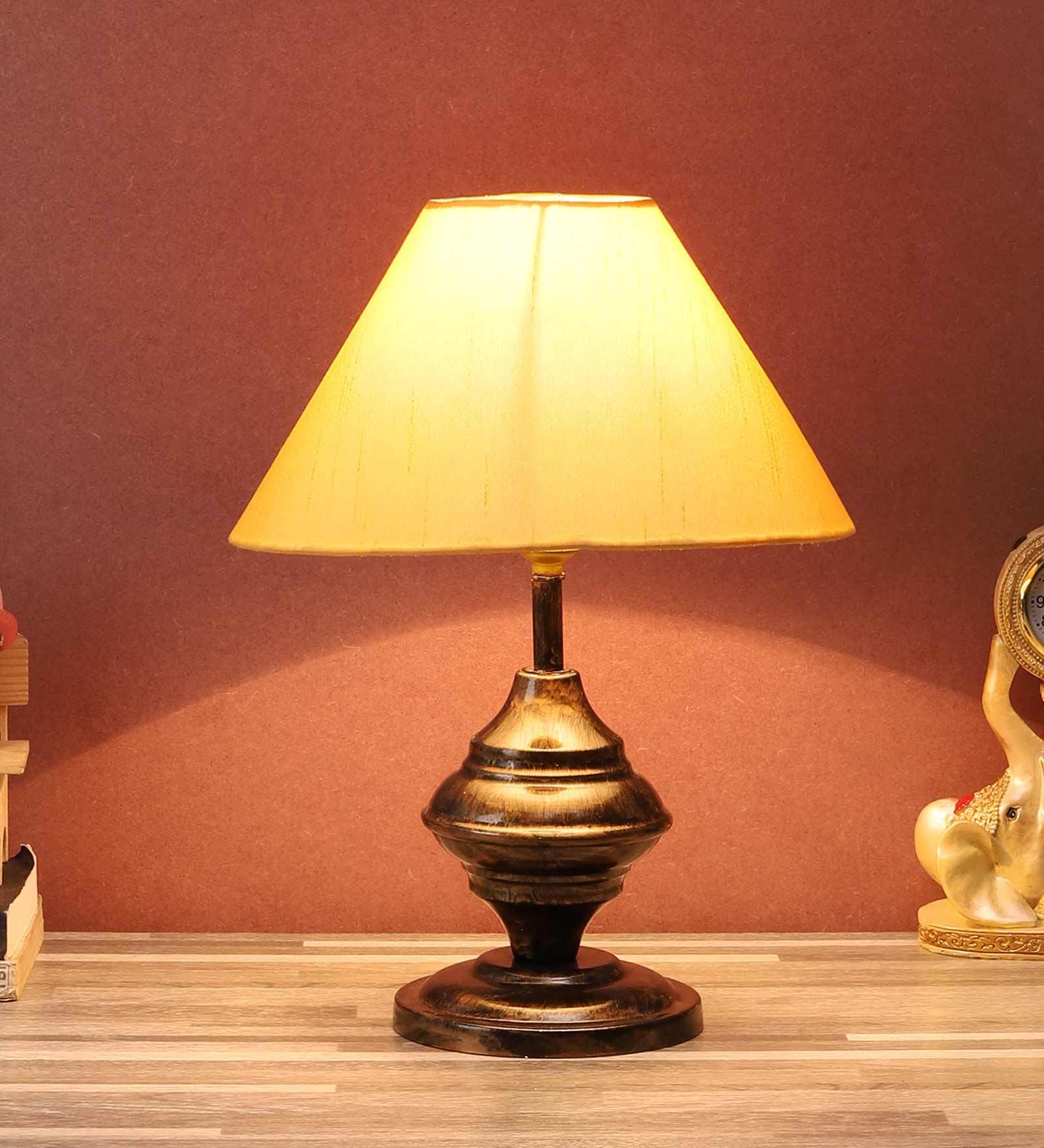 Purple & White Fabric Shade Table Lamp With Copper Base
