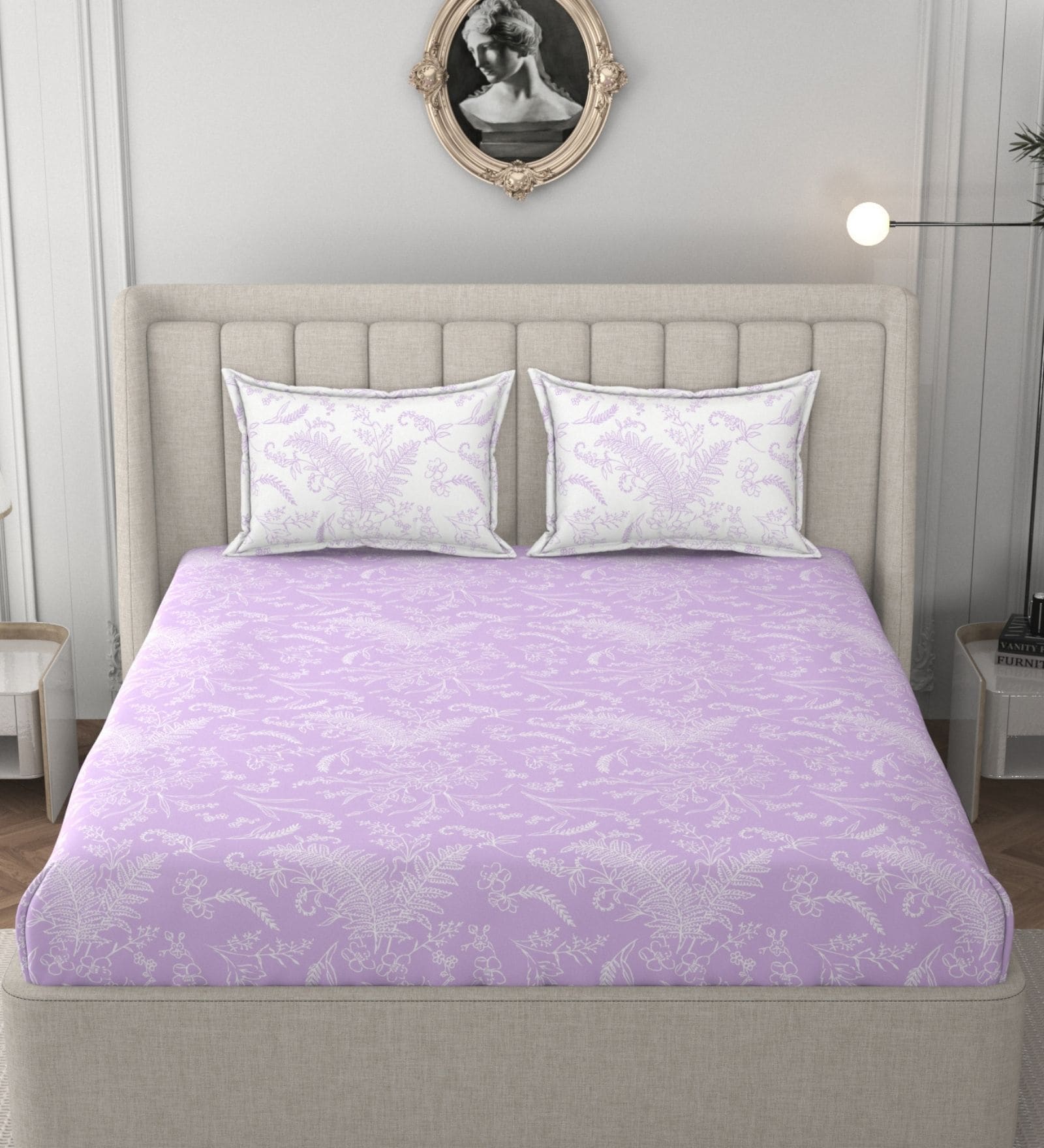 Purple & White Glace Cotton Floral Print Elastic Fitted King Bedsheet With 2 Pillow Covers