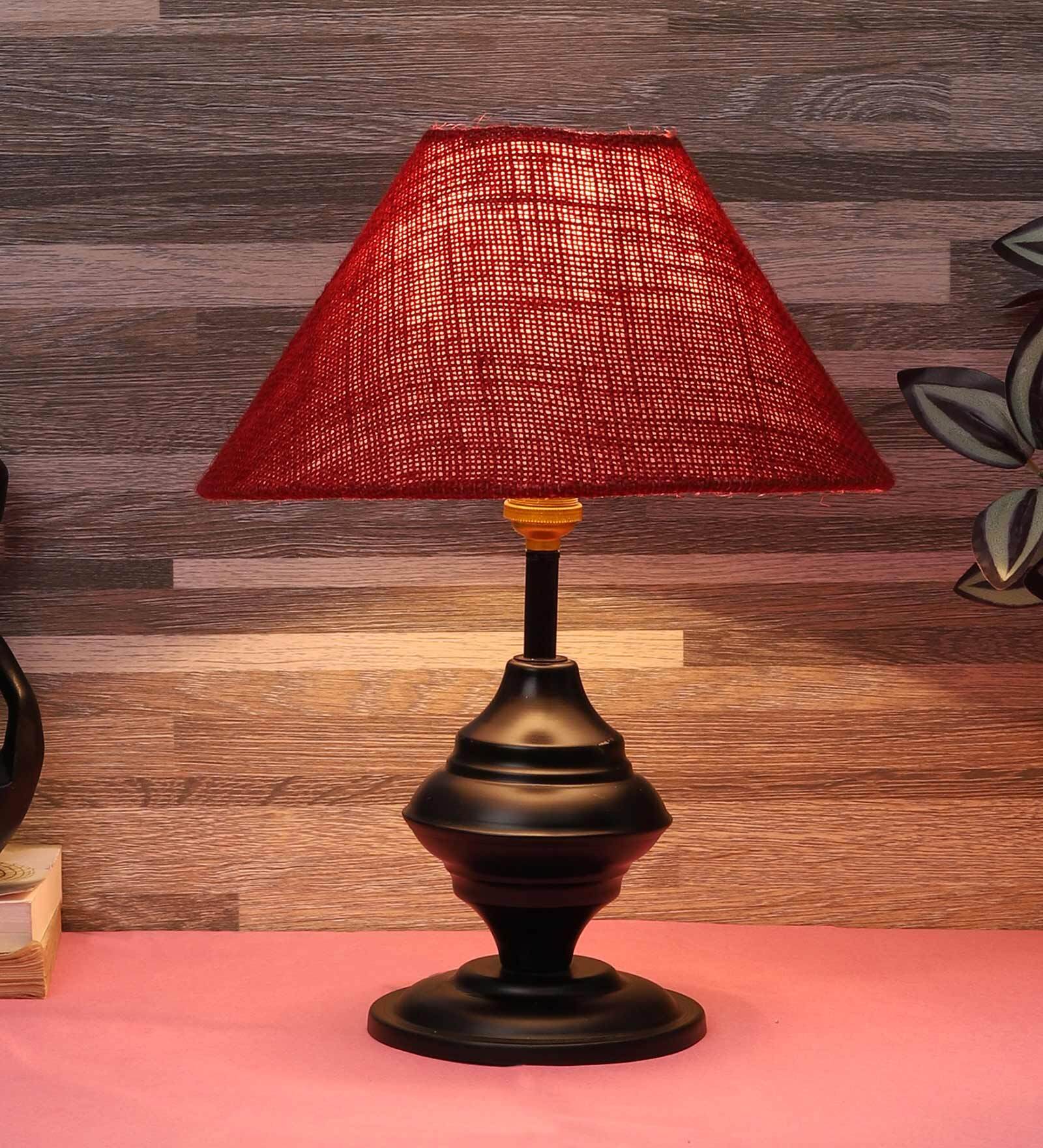 Purple & White Natural Fiber Shade Table Lamp With Black Base