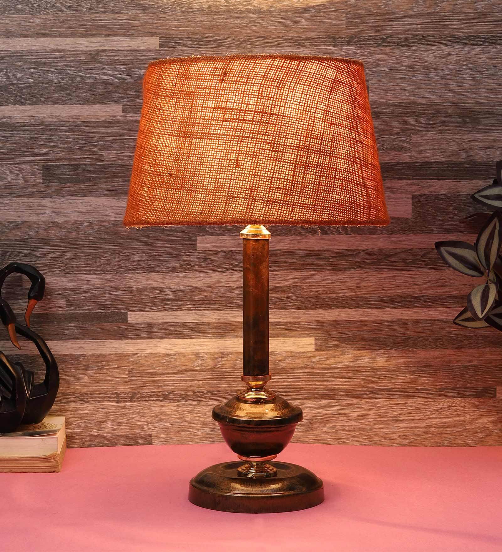 Purple & White Natural Fiber Shade Table Lamp With Copper Base