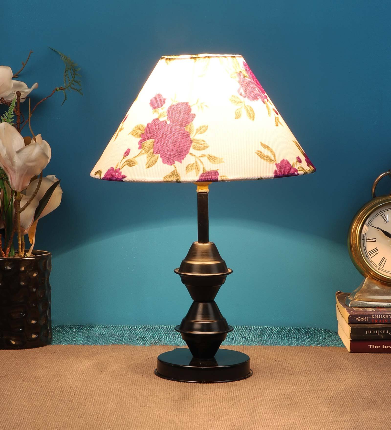 Purple & White Shade Table Lamp With Black Metal Base