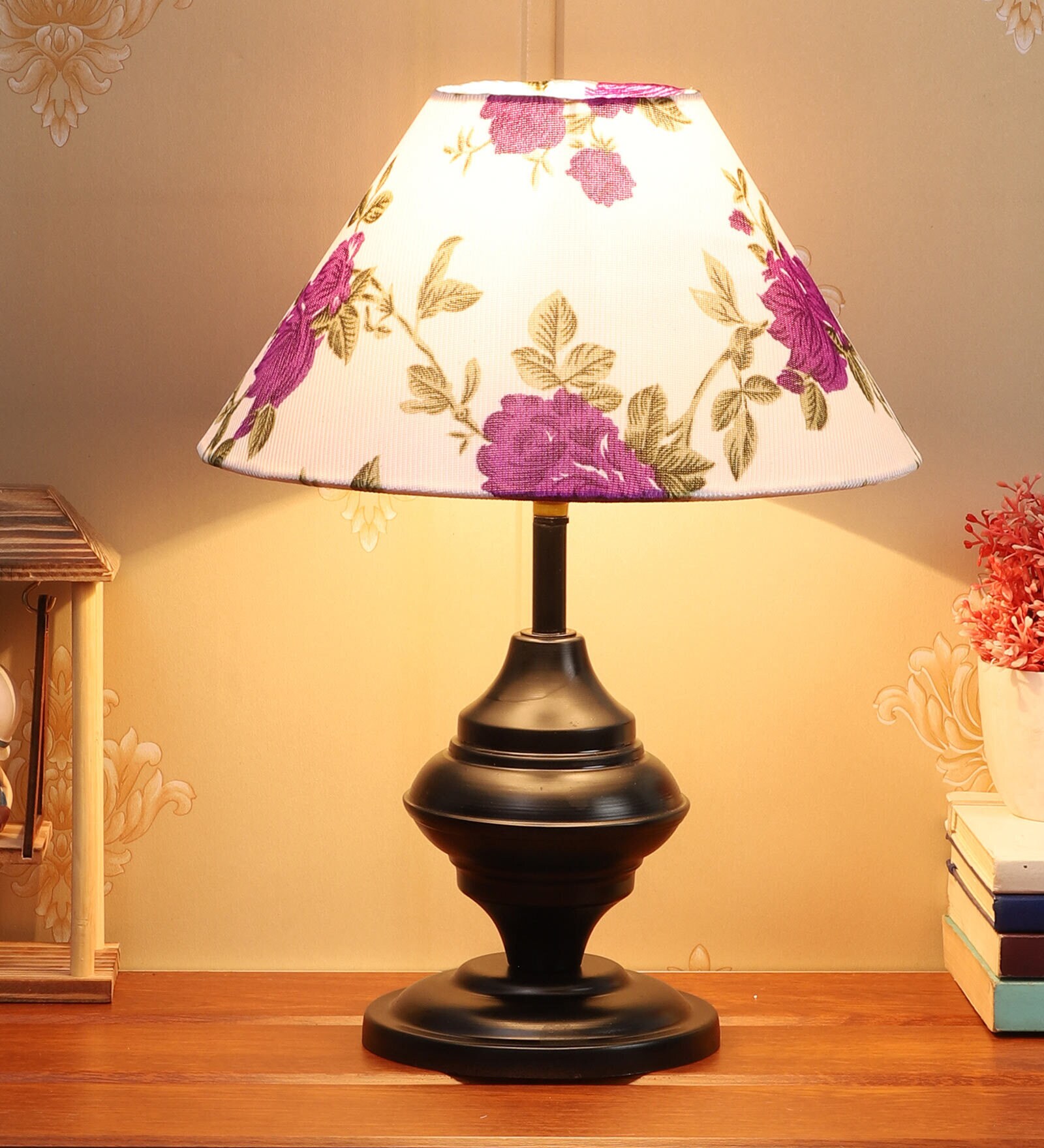 Purple & White Shade Table Lamp With Black Metal Base
