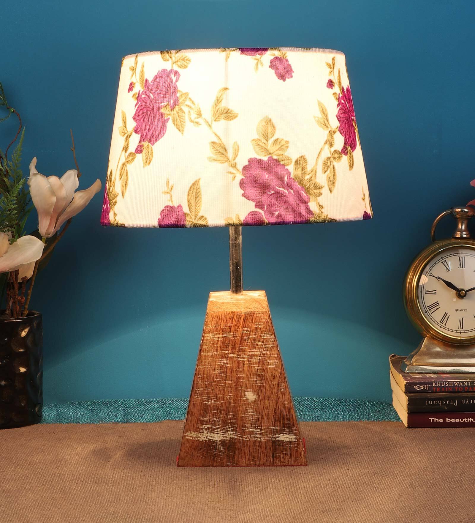 Purple & White Shade Table Lamp With Brown Woodden Base