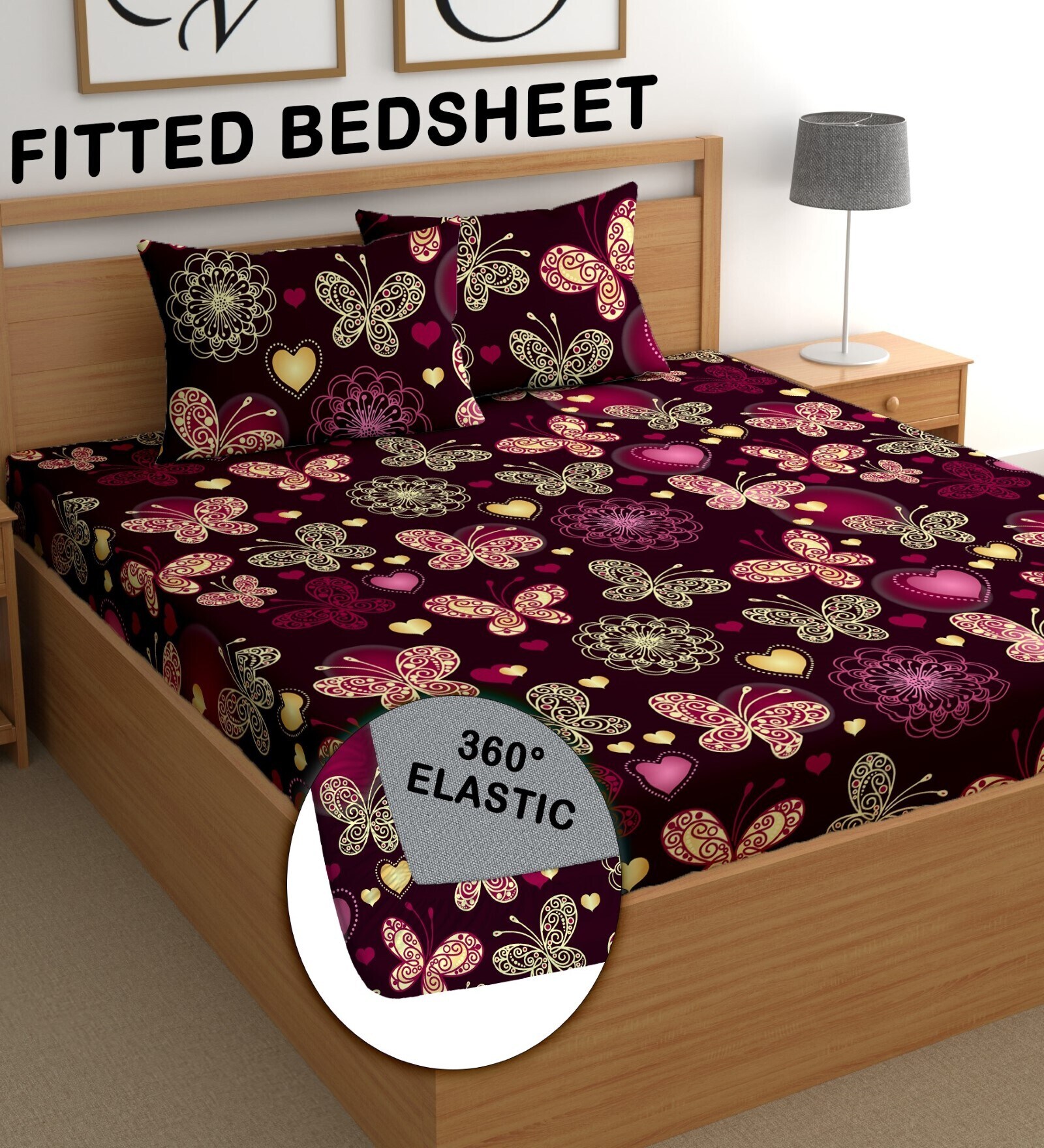 Purple 180 TC Floral Cotton Fitted Double Bedsheet 2 Pillow covers