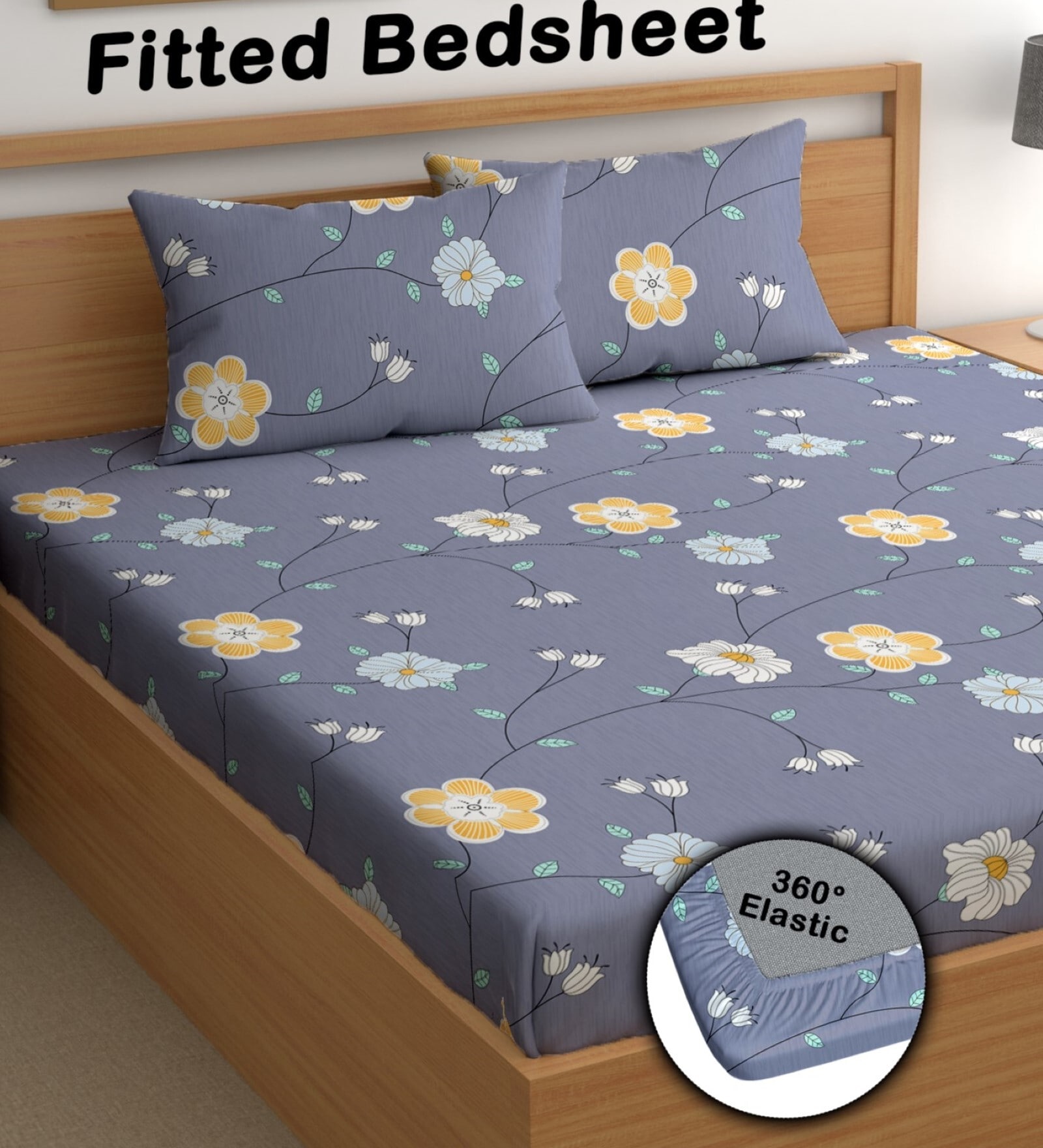 Purple 200 TC Floral Cotton Fitted Double Bedsheet 2 Pillow covers