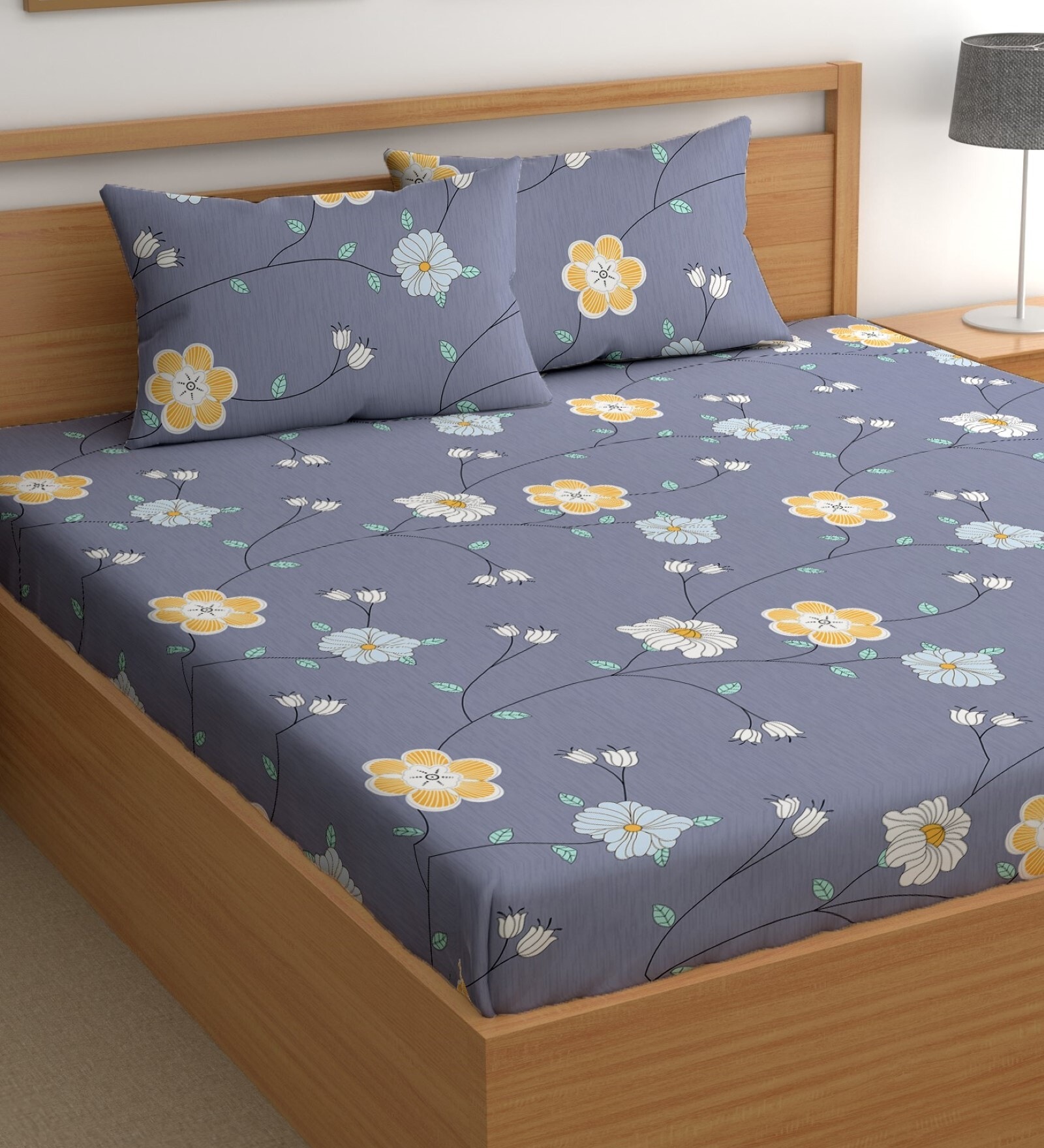 Purple 200 TC Floral Cotton Queen Double Bedsheet 2 Pillow covers