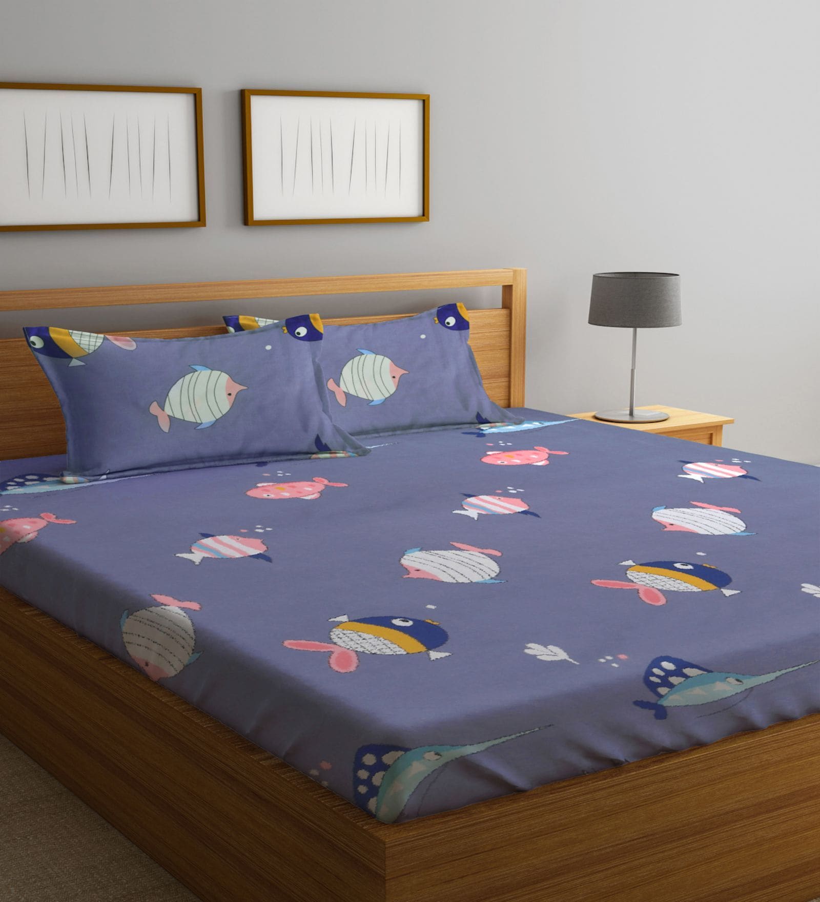 Purple Wildlife 300 TC Cotton Blend Double Queen Size Bedsheet With 2 Pillow Covers