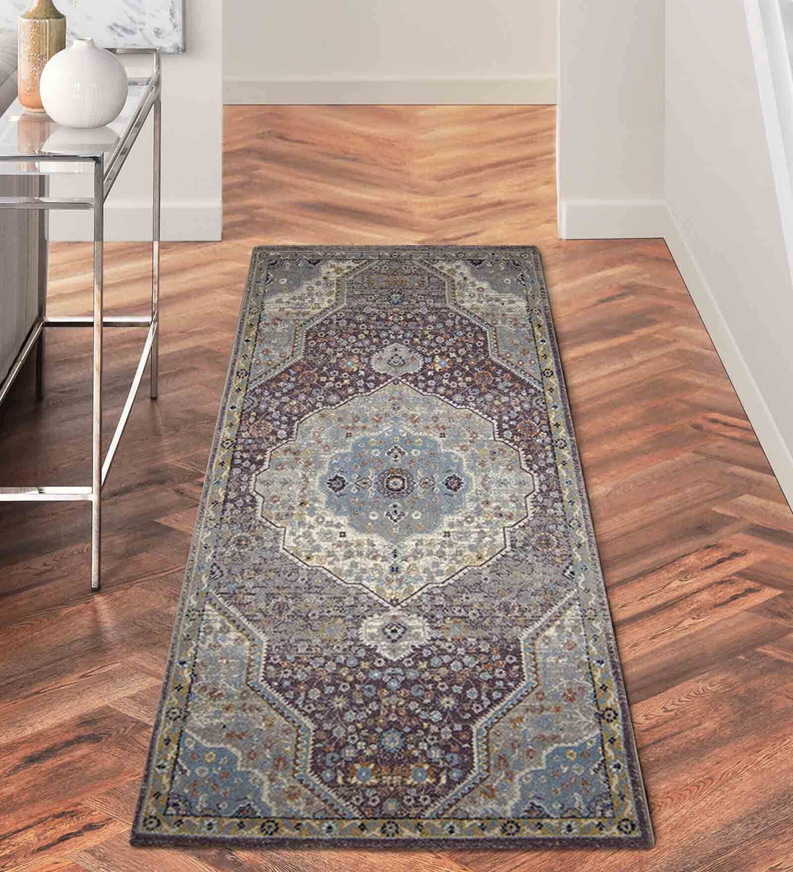 Purple Abstract Polyester 59x24 Inches Machine Made Floor Runner